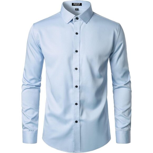 Men's Blue Stretch Wrinkle Shirts Formal Long Sleeve Slim Fit Button Down Shirt - Picture 2 of 7